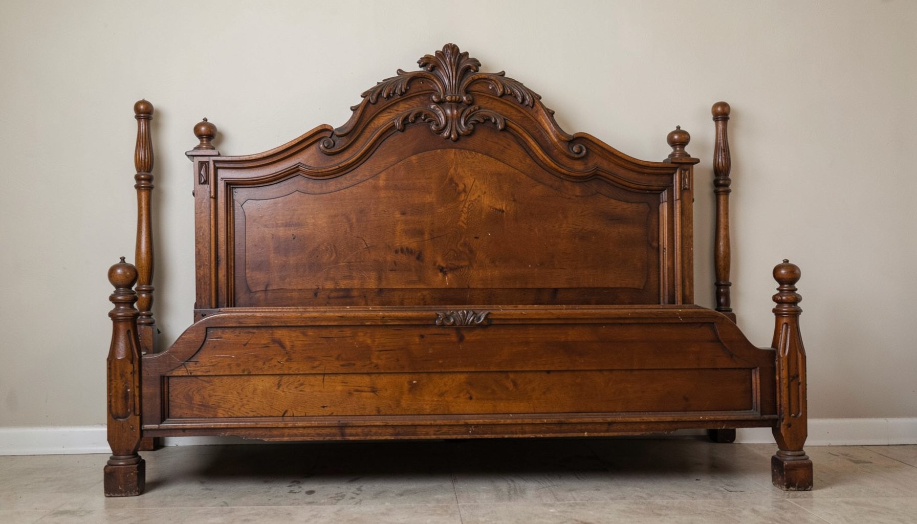 Antique wooden bed frame with carved headboard, warm brown tones against a neutral wall