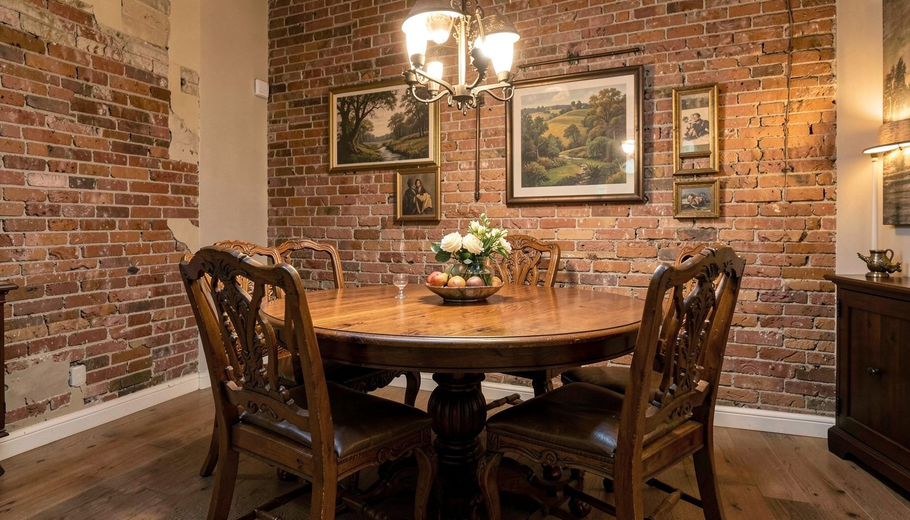 Dining room with round wood table, carved chairs, exposed brick wall, framed landscape art, and warm ambient lighting