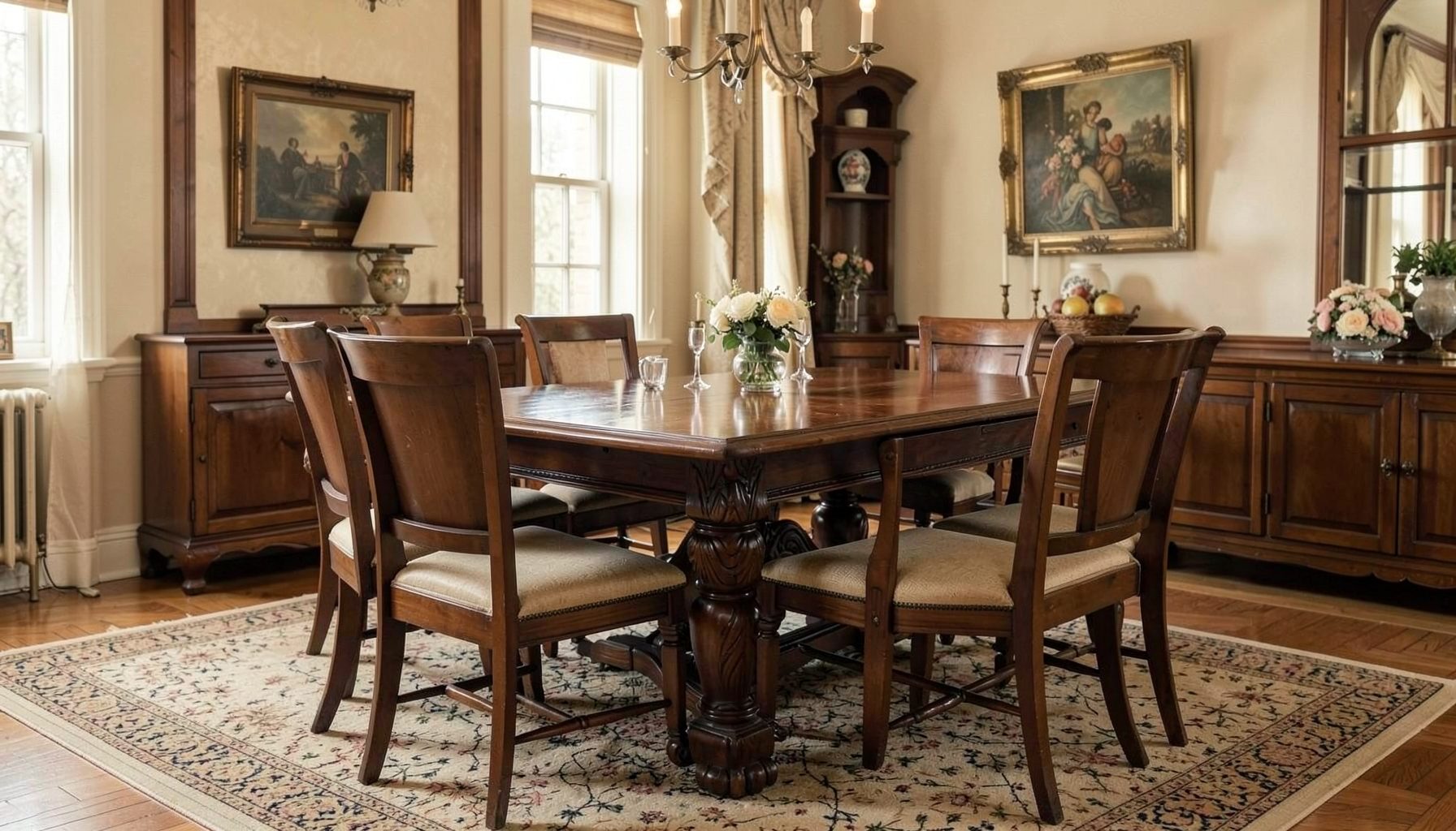 Large wooden dining table with chairs in a softly lit room, traditional style with warm brown and cream palette