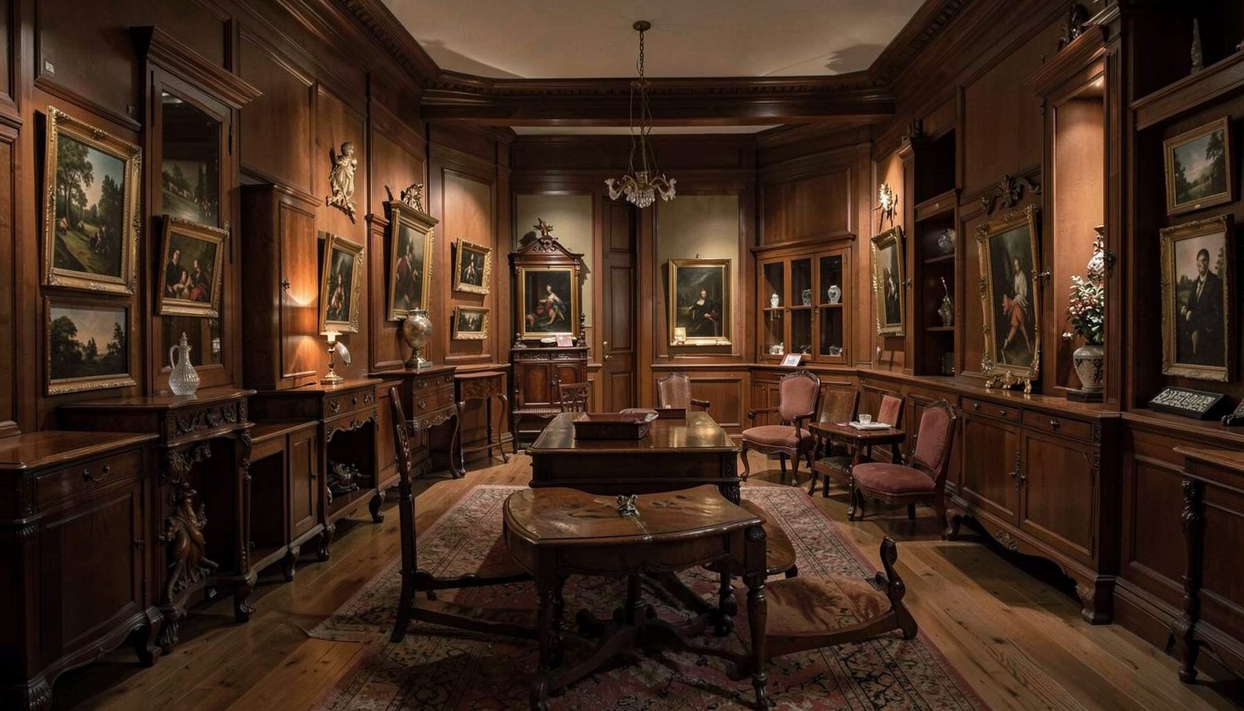 Warm interior of an antique furniture showroom with rich wood tones and soft ambient lighting