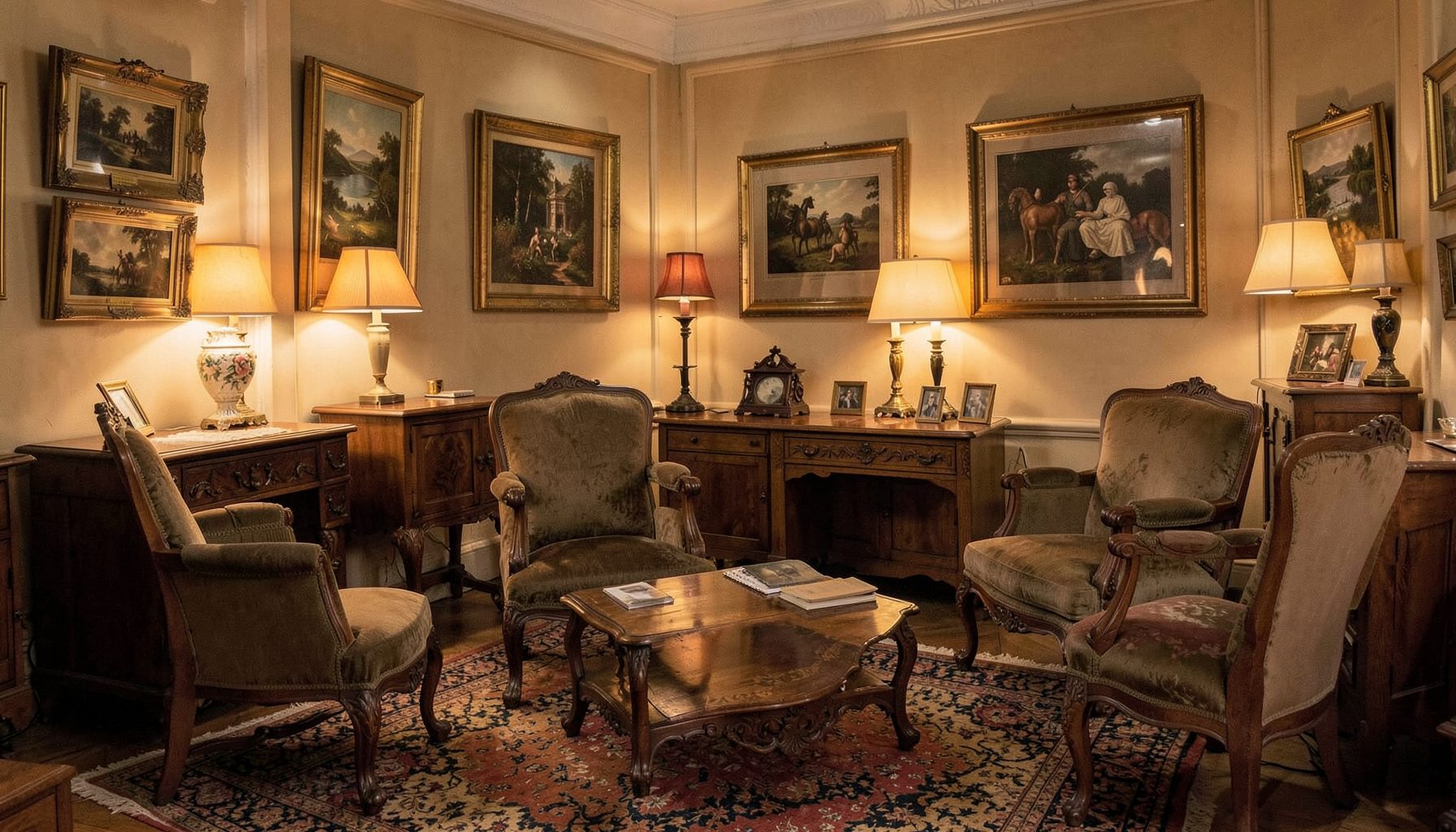 Warmly lit antique wooden furniture showroom interior with upholstered chairs, carved desks, framed art, and soft lamps